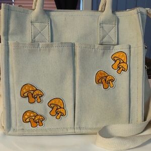Mushroom Embroidered Canvas Bag - Light Denim With Pockets